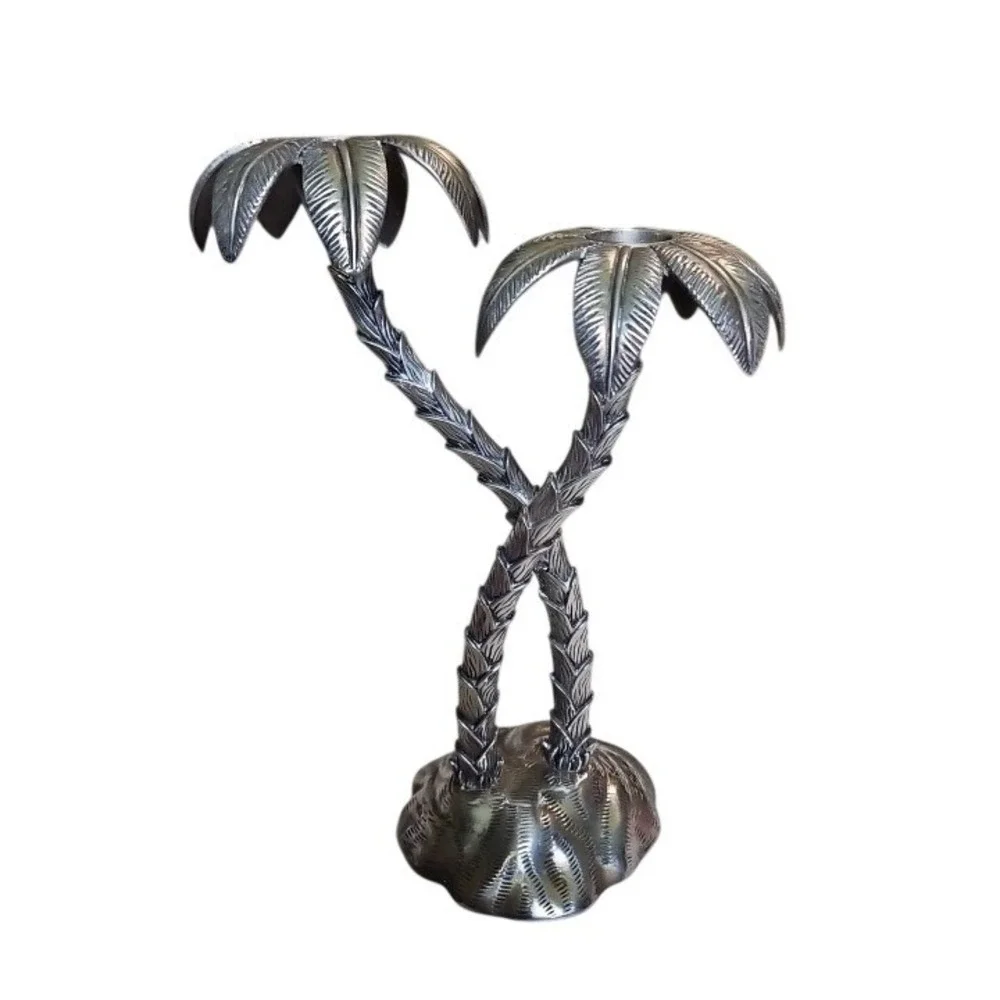 Vintage Silver‑Plated‎ Brass Palm Tree Candlestick Holder Tropical Decor